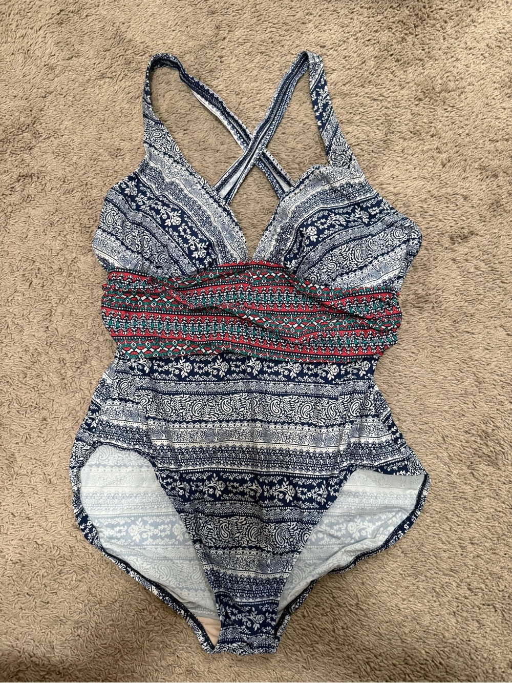 Merona Navy One-Piece Swimsuit with Red Waistband